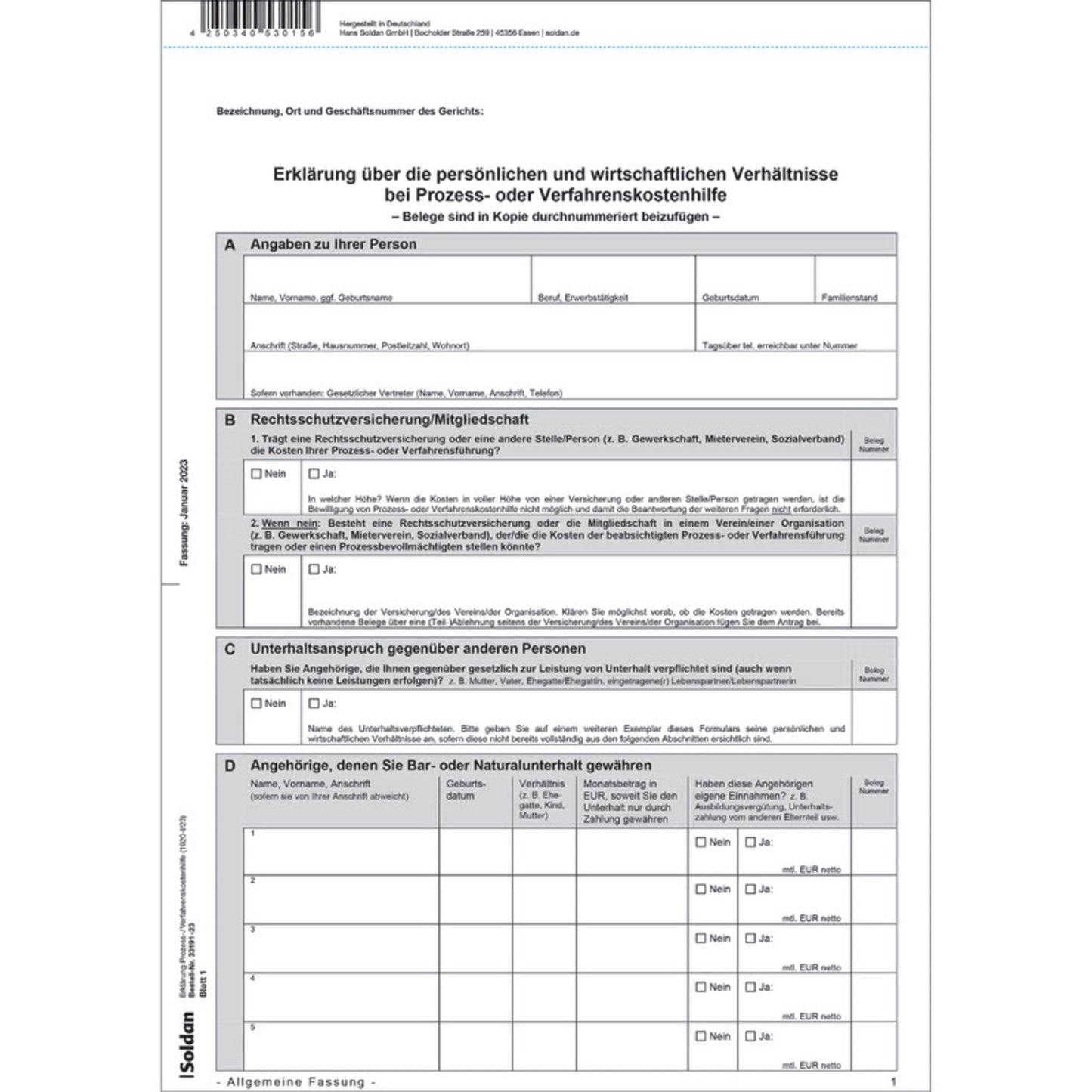 SoldanPlus Prozesskostenhilfeerklärung 5 Bl. 50 St./Pack.