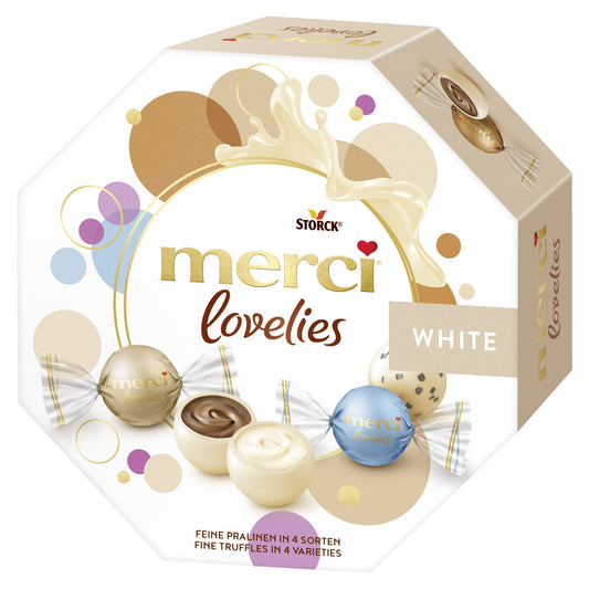 Merci Pralinen lovelies White Cappuccino Crème, Weiße Crème, Weiße Mandel, Stracciatella 185 g/Pack.