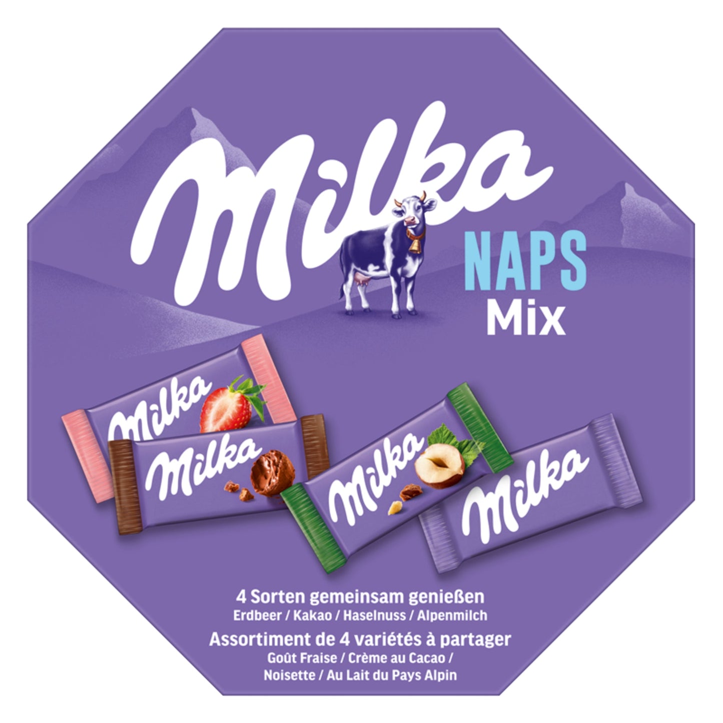 Milka Schokolade NAPS MIX Alpenmilch, Haselnuss, Erdbeer, Crème au Cacao 138 g/Pack.