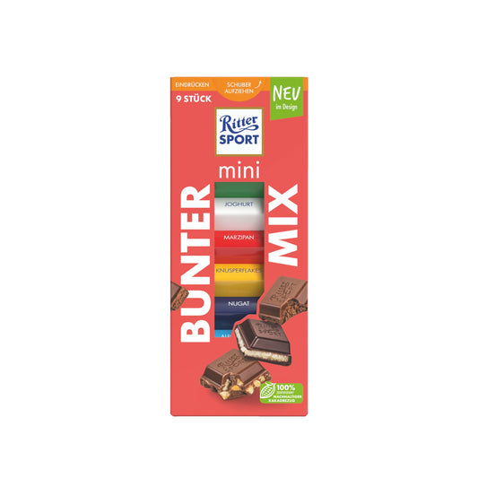 Ritter Sport Schokolade Mini Bunter Mix Haselnuss, Marzipan, Nugat, Vollmilch, Joghurt, Knusperflakes, Knusperkeks 150 g/Pack.