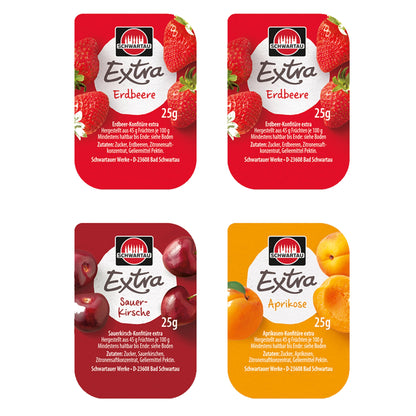 Schwartau Brotaufstrich Extra Konfitüre 50 x Erdbeere, 25 x Aprikose, 25 x Sauerkirsche Portionsschale 100 x 25 g/Pack.