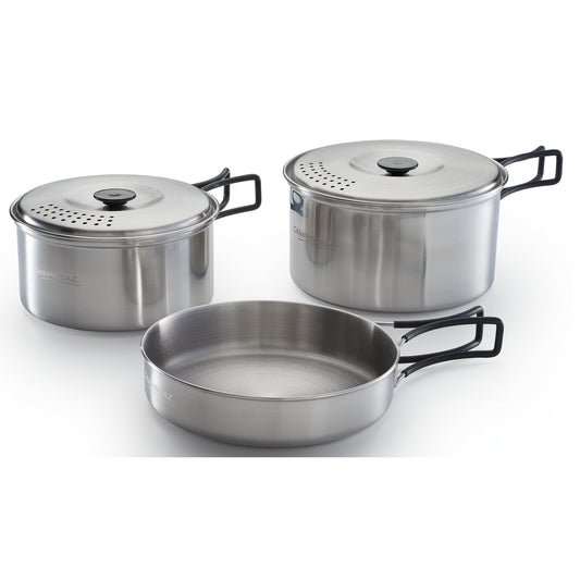 CAMPINGAZ Topfset Topf mit Deckel 18 x 9 cm (Ø x H), Topf mit Deckel 16 x 8 cm (Ø x H), Pfanne 17,5 x 4 cm (Ø x H) Edelstahl silber