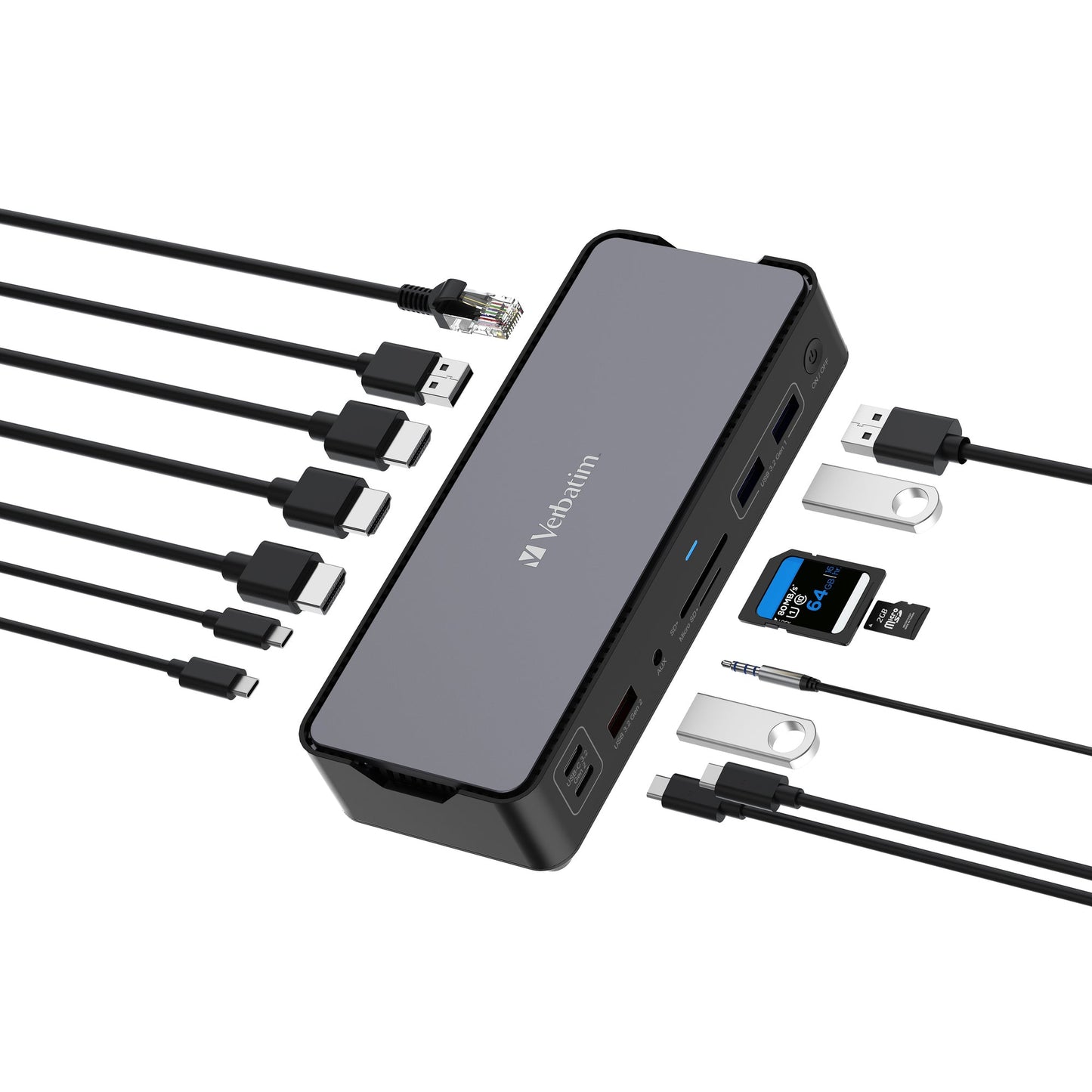 Verbatim Dockingstation CDS-15 16,8 x 3,3 x 6,9 cm (B x H x T) USB-C 1 x USB-A 2.0, 3 x USB-A 3.2 (Gen 1/2), 2 x USB-C 3.2 (Gen 2), 1 x USB-C (PowerDelivery, 100 W), 2 x HDMI, 1 x DisplayPort 1.4, 1 x RJ45 Gigabit, 1 x USB-C Host, 1 x 3,5 mm Klinkenbuchse