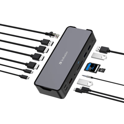 Verbatim Dockingstation CDS-15 16,8 x 3,3 x 6,9 cm (B x H x T) USB-C 1 x USB-A 2.0, 3 x USB-A 3.2 (Gen 1/2), 2 x USB-C 3.2 (Gen 2), 1 x USB-C (PowerDelivery, 100 W), 2 x HDMI, 1 x DisplayPort 1.4, 1 x RJ45 Gigabit, 1 x USB-C Host, 1 x 3,5 mm Klinkenbuchse