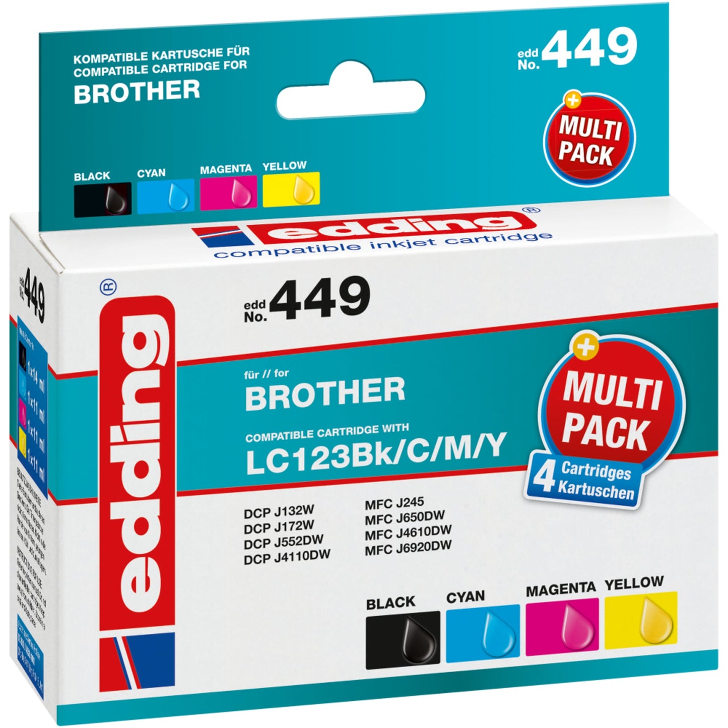 edding Tintenpatrone kein Originalzubehör Kompatibel mit: Brother LC-123 Brother LC-123 ca. 705 Seiten schwarz, ca. 3 x 1.000 Seiten farbig schwarz, mehrfarbig 4 St./Pack.