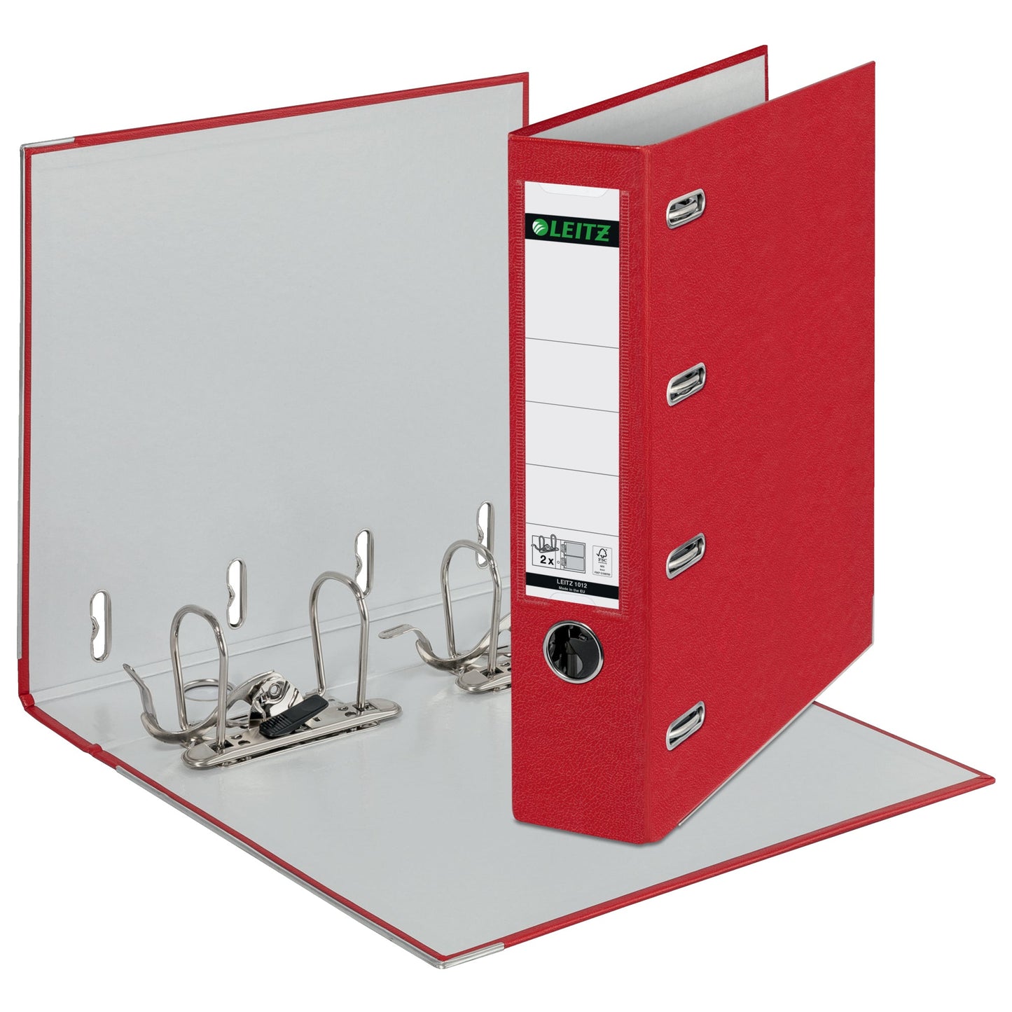 Leitz Doppelordner 75mm 2 x DIN A5 quer Rückenschild: einsteckbar Hebelmechanik Graupappe, 90 % recycelt rot
