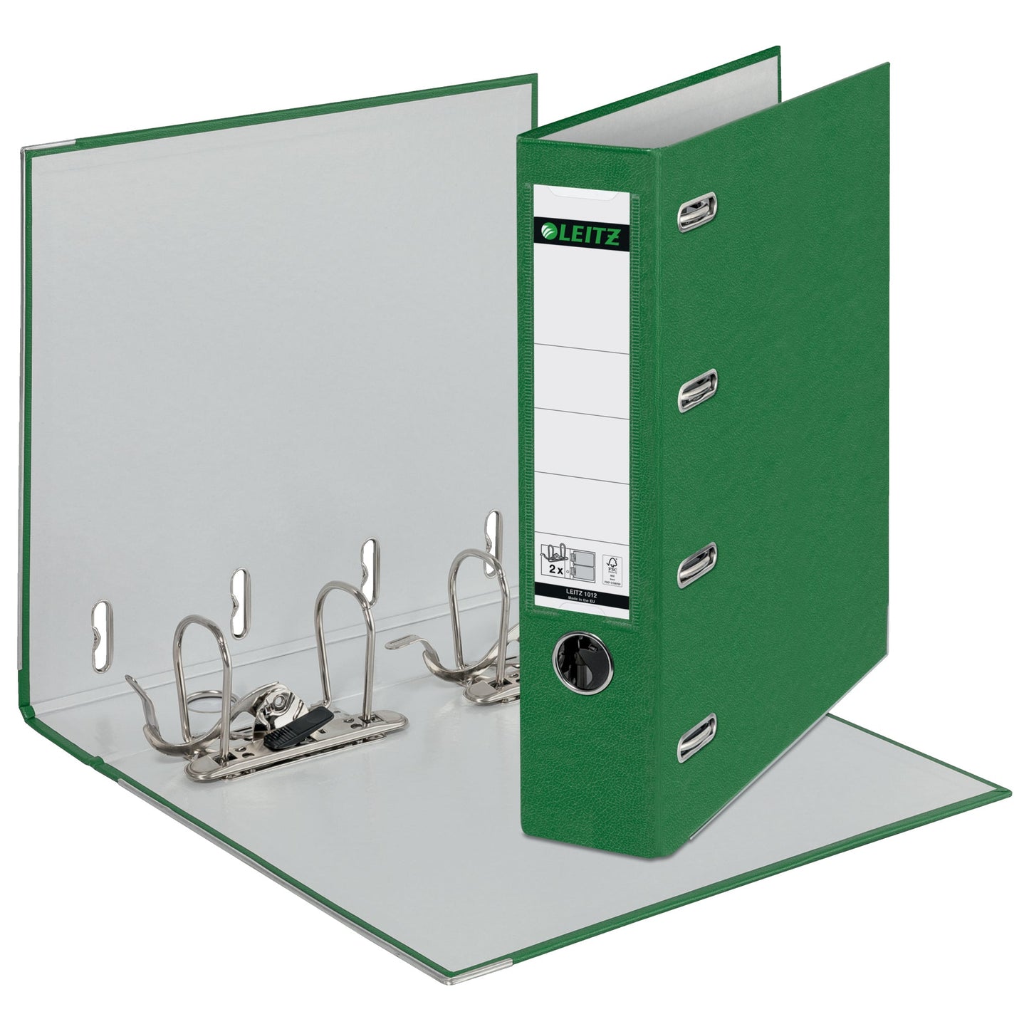 Leitz Doppelordner 75mm 2 x DIN A5 quer Rückenschild: einsteckbar Hebelmechanik Graupappe, 90 % recycelt grün