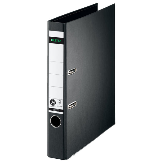 Leitz Ordner 50mm DIN A4 Rückenschild: geklebt mit Schlitzen Werkstoff: Pappe Material außen: Papier Material innen: Papier schwarz