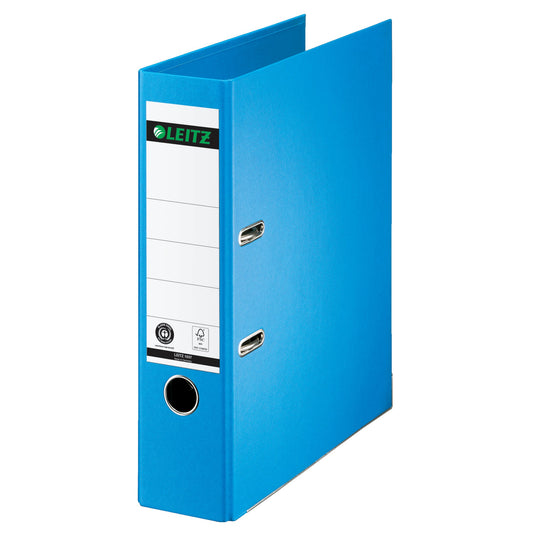 Leitz Ordner 80mm DIN A4 Rückenschild: geklebt mit Schlitzen Werkstoff: Pappe Material außen: Papier Material innen: Papier hellblau
