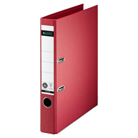 Leitz Ordner 50mm DIN A4 Rückenschild: geklebt mit Schlitzen Werkstoff: Pappe Material außen: Papier Material innen: Papier rot