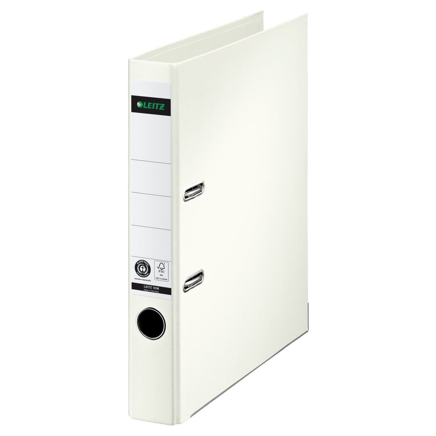 Leitz Ordner 50mm DIN A4 Rückenschild: geklebt mit Schlitzen Werkstoff: Pappe Material außen: Papier Material innen: Papier weiß