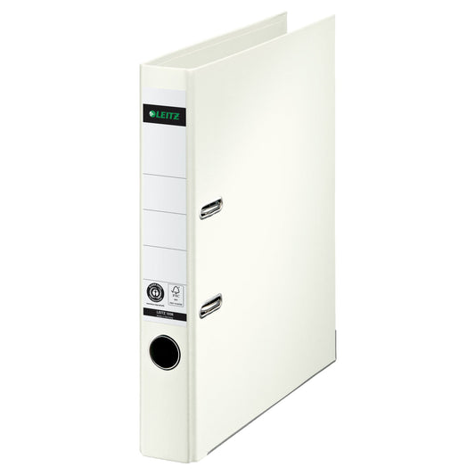 Leitz Ordner 50mm DIN A4 Rückenschild: geklebt mit Schlitzen Werkstoff: Pappe Material außen: Papier Material innen: Papier weiß