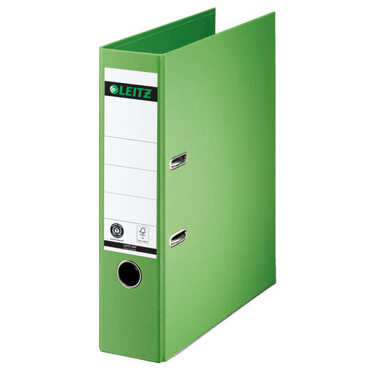 Leitz Ordner 80mm DIN A4 Rückenschild: geklebt mit Schlitzen Werkstoff: Pappe Material außen: Papier Material innen: Papier hellgrün