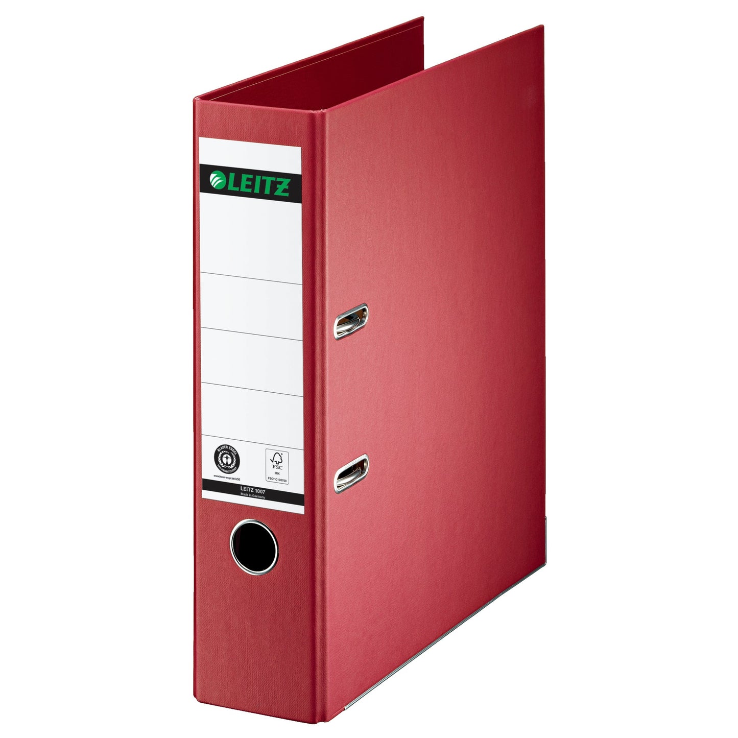 Leitz Ordner 80mm DIN A4 Rückenschild: geklebt mit Schlitzen Werkstoff: Pappe Material außen: Papier Material innen: Papier rot