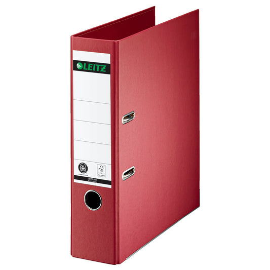 Leitz Ordner 80mm DIN A4 Rückenschild: geklebt mit Schlitzen Werkstoff: Pappe Material außen: Papier Material innen: Papier rot