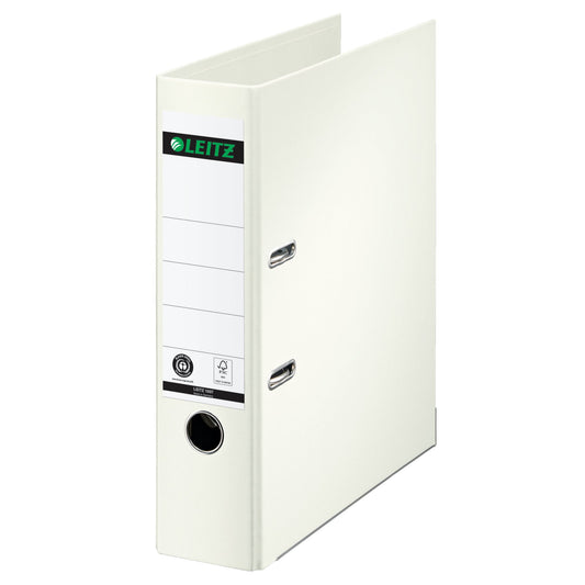 Leitz Ordner 80mm DIN A4 Rückenschild: geklebt mit Schlitzen Werkstoff: Pappe Material außen: Papier Material innen: Papier weiß