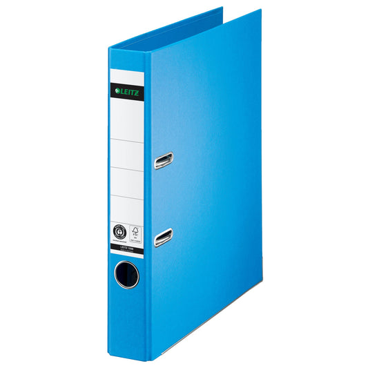 Leitz Ordner 50mm DIN A4 Rückenschild: geklebt mit Schlitzen Werkstoff: Pappe Material außen: Papier Material innen: Papier hellblau