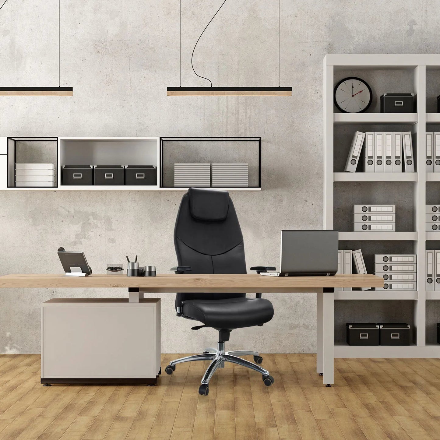 hjh OFFICE Chefsessel FERRARA 45-53cm Synchronmechanik mit Armlehnen Rolle universell (für Hart- und Teppichböden) Aluminium, poliert schwarz