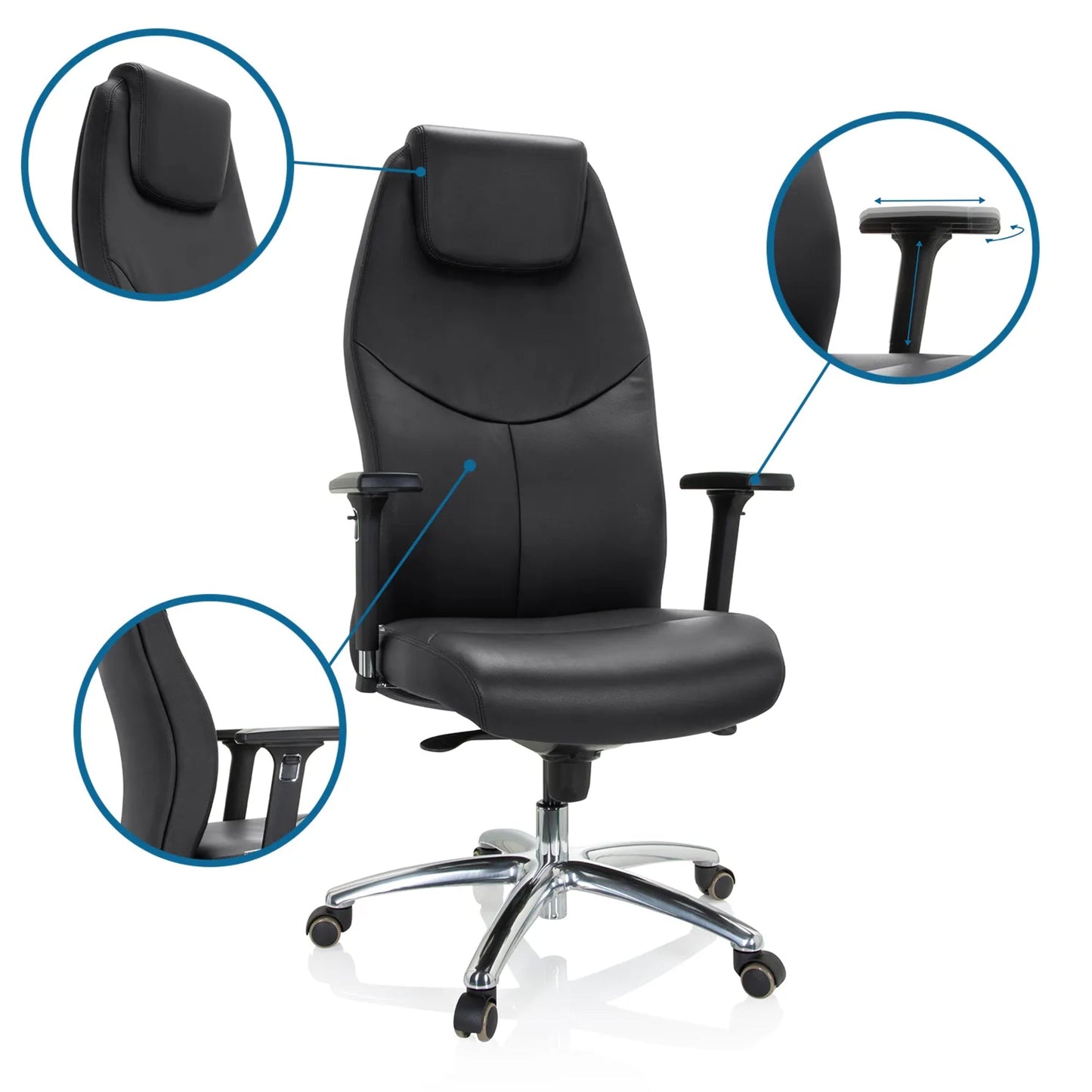 hjh OFFICE Chefsessel FERRARA 45-53cm Synchronmechanik mit Armlehnen Rolle universell (für Hart- und Teppichböden) Aluminium, poliert schwarz