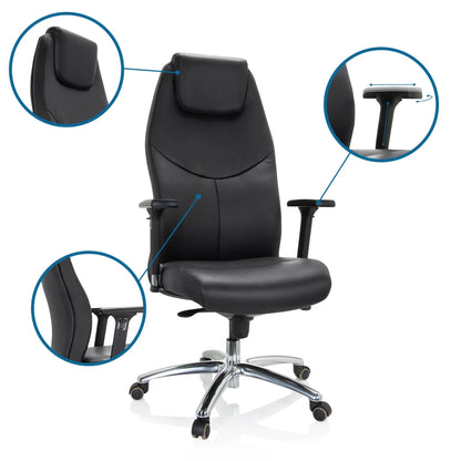 hjh OFFICE Chefsessel FERRARA 45-53cm Synchronmechanik mit Armlehnen Rolle universell (für Hart- und Teppichböden) Aluminium, poliert schwarz