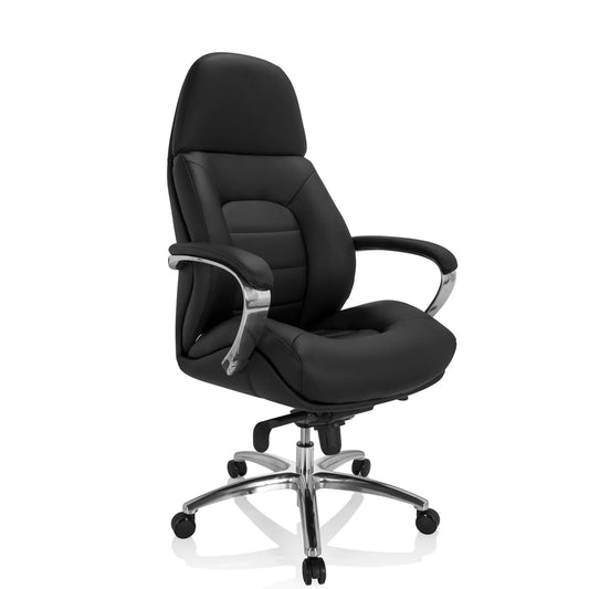 hjh OFFICE Chefsessel BRENTON XXL 51-60cm Wippmechanik mit Armlehnen Rolle universell (für Hart- und Teppichböden) Aluminium, poliert schwarz
