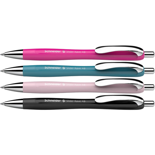 Schneider Kugelschreiber Slider Rave 0,7mm XB blau Mine auswechselbar dokumentenecht Schaftfarbe: schwarz, power pink, teal, pearl 4 St./Pack.