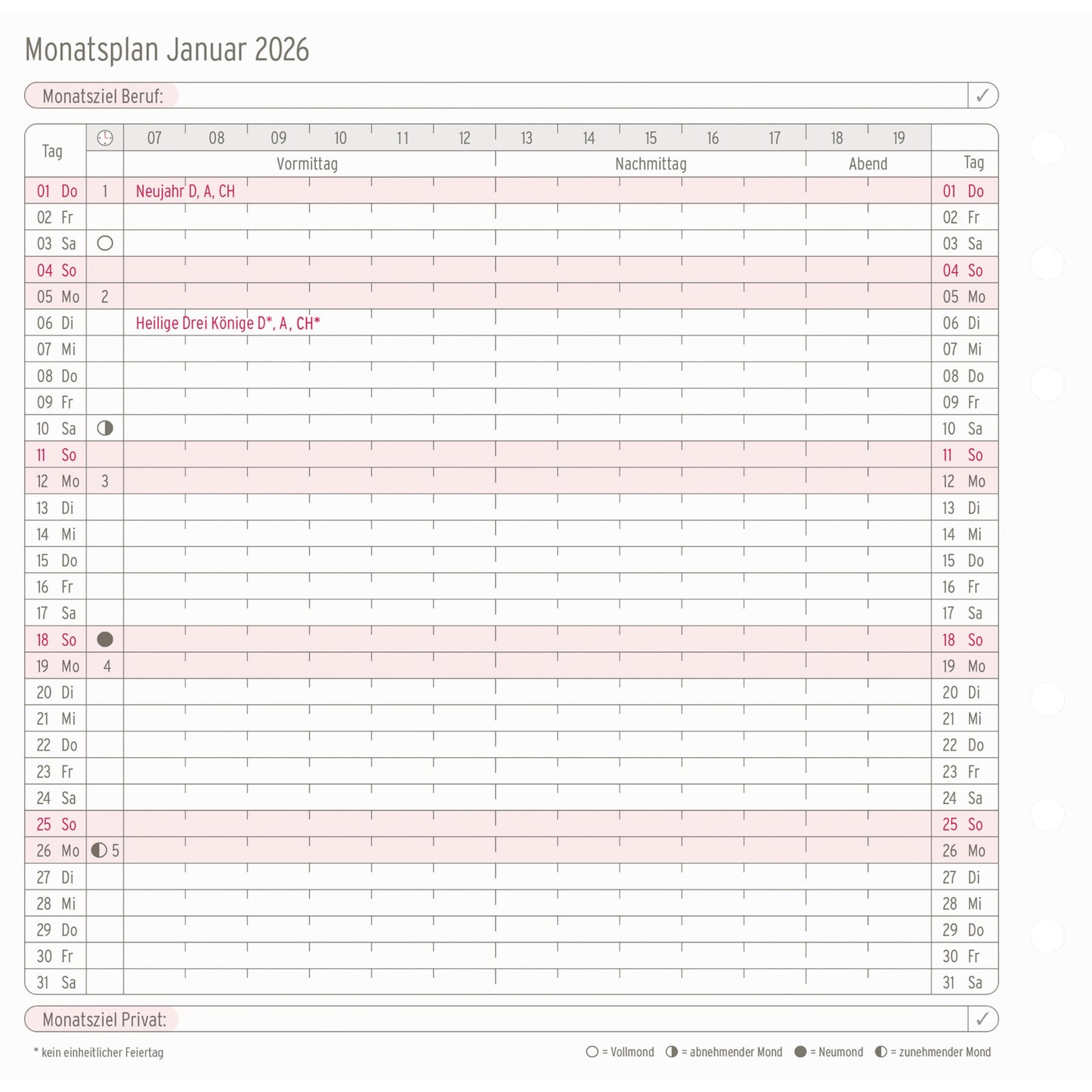 Chronoplan Einlage Kalender 2026 Midi 1 Monat/1 Seite Aktivitätenliste für den jeweiligen Monat