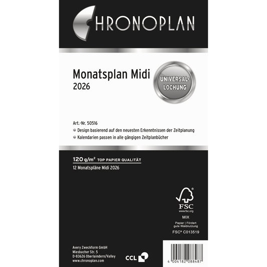 Chronoplan Einlage Kalender 2026 Midi 1 Monat/1 Seite Aktivitätenliste für den jeweiligen Monat