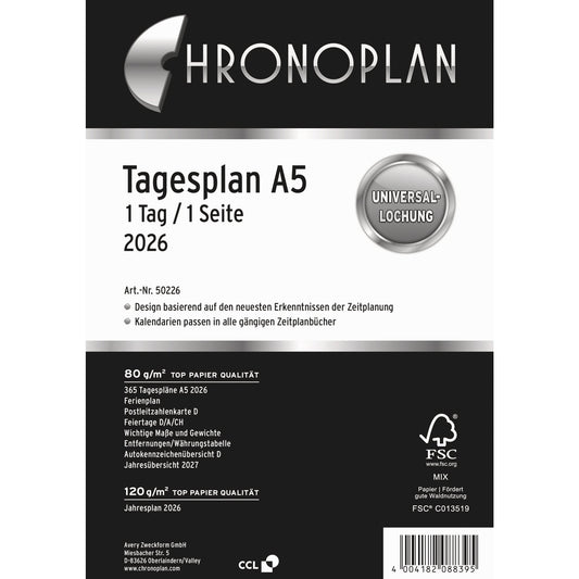 Chronoplan Einlage Kalender 2026 DIN A5 1 Tag/1 Seite Anordnung in Zeilen, Jahresplan, Ferienplan, Feiertage, Jahresübersicht Folgejahr