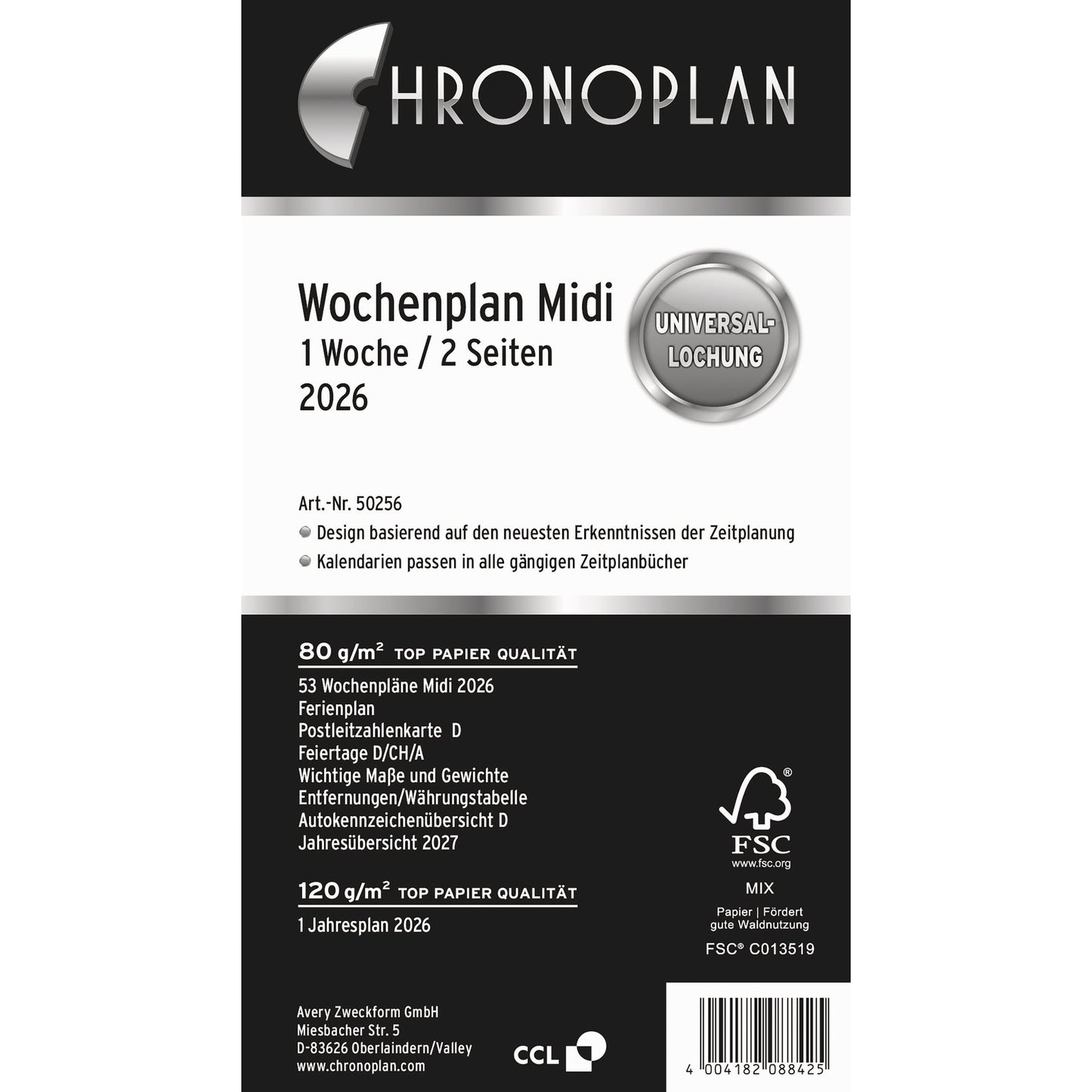 Chronoplan Einlage Kalender 2026 Midi 1 Woche/2 Seiten Anordnung in Zeilen, mit zusätzlichen Informationen