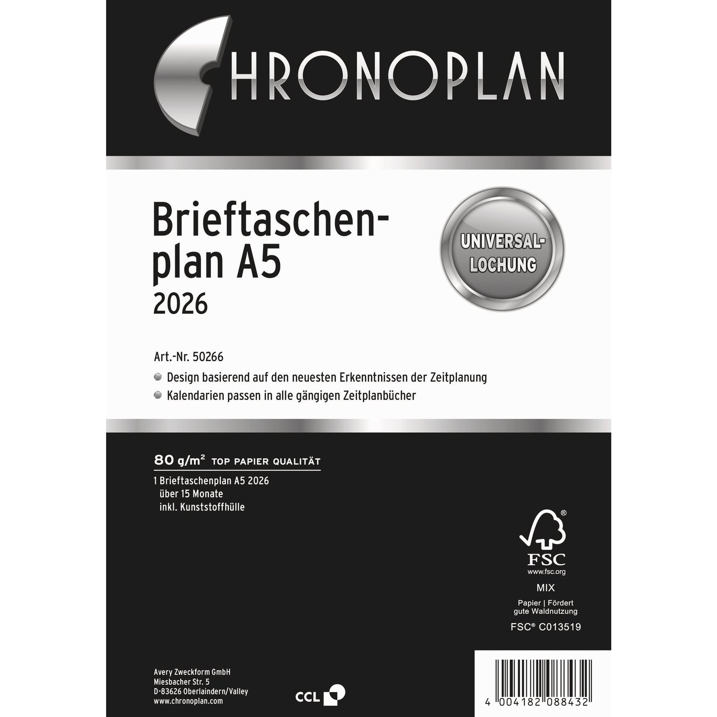 Chronoplan Einlage Kalender 2026 DIN A5 1 Monat/1 Seite Brieftaschenplan, 15 Monate, in Kunststoffhülle zum Einhängen in A5-Ringmechanik