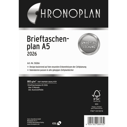 Chronoplan Einlage Kalender 2026 DIN A5 1 Monat/1 Seite Brieftaschenplan, 15 Monate, in Kunststoffhülle zum Einhängen in A5-Ringmechanik