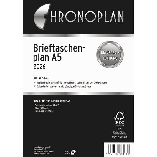 Chronoplan Einlage Kalender 2026 DIN A5 1 Monat/1 Seite Brieftaschenplan, 15 Monate, in Kunststoffhülle zum Einhängen in A5-Ringmechanik