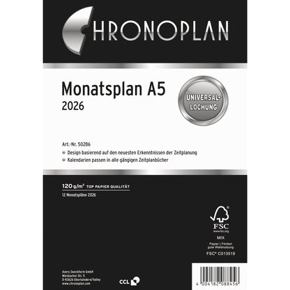 Chronoplan Einlage Kalender 2026 DIN A5 1 Monat/1 Seite Aktivitätenliste für den jeweiligen Monat
