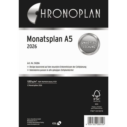Chronoplan Einlage Kalender 2026 DIN A5 1 Monat/1 Seite Aktivitätenliste für den jeweiligen Monat
