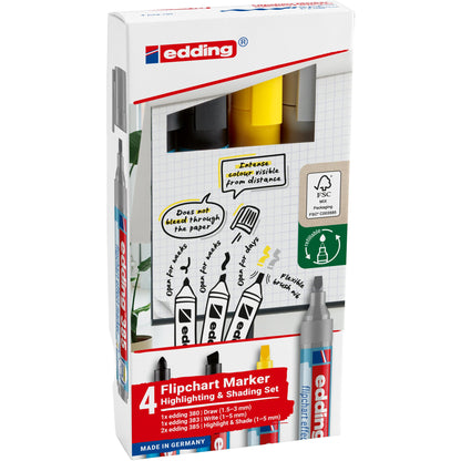 edding Schreibgeräteset Highlighting & Shading Set 2 x Flipchartmarker 385 effect gelb, silbergrau1-5 mm, je 1 x Flipchartmarker 380 schwarz 1,5-3 mm, Flipchartmarker 383 schwarz 1-5 mm farbig sortiert 4 St./Pack.