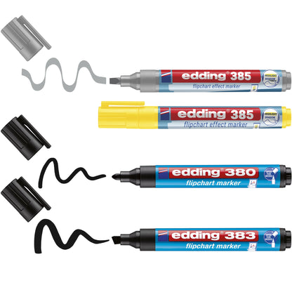 edding Schreibgeräteset Highlighting & Shading Set 2 x Flipchartmarker 385 effect gelb, silbergrau1-5 mm, je 1 x Flipchartmarker 380 schwarz 1,5-3 mm, Flipchartmarker 383 schwarz 1-5 mm farbig sortiert 4 St./Pack.