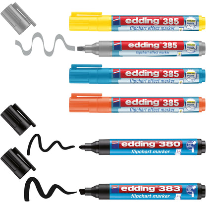 edding Schreibgeräteset Highlighting & Shading Set 4 x Flipchartmarker 385 effect orange, gelb, hellblau, silbergrau, schwarz 1-5 mm, je 1 x Flipchartmarker 380 schwarz 1,5-3 mm, Flipchartmarker 383 schwarz 1-5 mm farbig sortiert 6 St./Pack.