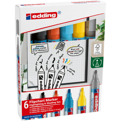 edding Schreibgeräteset Highlighting & Shading Set 4 x Flipchartmarker 385 effect orange, gelb, hellblau, silbergrau, schwarz 1-5 mm, je 1 x Flipchartmarker 380 schwarz 1,5-3 mm, Flipchartmarker 383 schwarz 1-5 mm farbig sortiert 6 St./Pack.