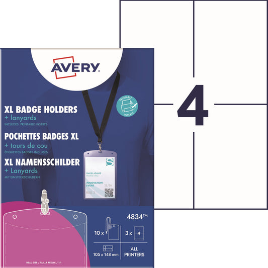 Avery Zweckform Namensschild XL 105 x 148 mm (B x H) inkl. 12 bedruckbare Einsteckschilder weiß Textilband transparent 10 St./Pack.