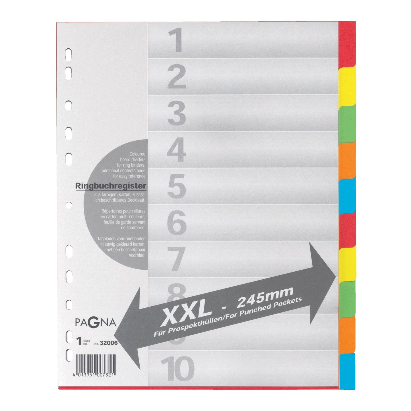 PAGNA Ordnerregister XXL DIN A4, Überbreite blanko Karton mehrfarbig 10 Registerblätter