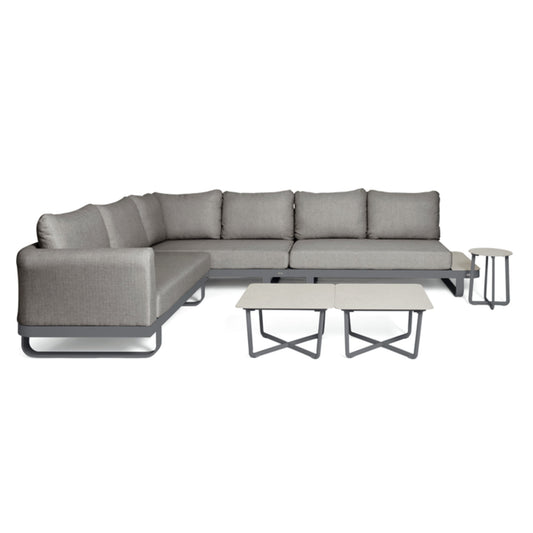 BEST Loungemöbel Fellow 1 x 2-Sitzer-Bank rechts, 1 x 2-Sitzer-Banklinks, 2 x quadratischer Tisch, 1 x runder Tisch 2-Sitzer-Bank rechts/links: 320 x 69 x 242, quadratischer Tisch: 60 x 34,5 x 60, runder Tisch: 35 x 44,5 x 35 cm (B x H x T) Keramik