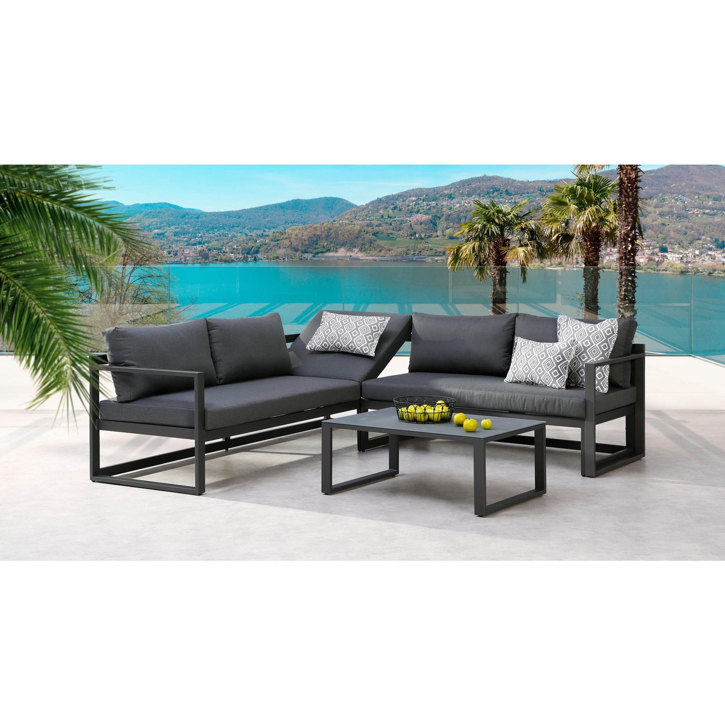BEST Loungemöbel Rhodos 1 x 3-Sitzer-Bank, 1 x 2-Sitzer-Bank, 1 x Tisch 3-Sitzer-Bank: 212 x 77 x 70, 2-Sitzer-Bank: 142 x 77 x 70, Tisch: 88 x 35 x 60 cm (B x H x T) Milchglas anthrazit anthrazit