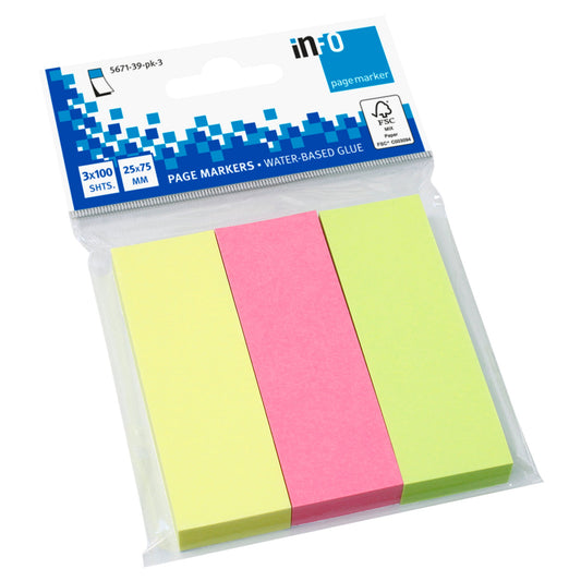 Info Haftmarker 75 x 25 mm (B x H) gelb, rosa, grün 100 Bl./Block 3 Block/Pack.