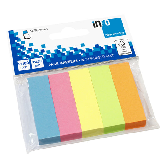Info Haftmarker 50 x 15 mm (B x H) blau, rosa, gelb, grün, orange 100 Bl./Block 5 Block/Pack.