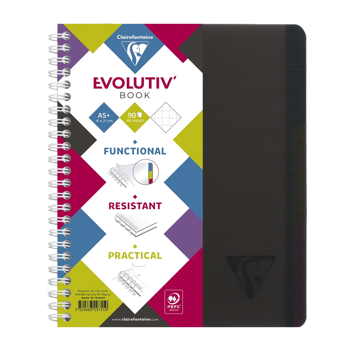 Clairefontaine Collegeblock Evolutiv'Book DIN A5+ kariert 90g/m² farbig sortiert (freie Farbauswahl nicht möglich) 90 Bl.