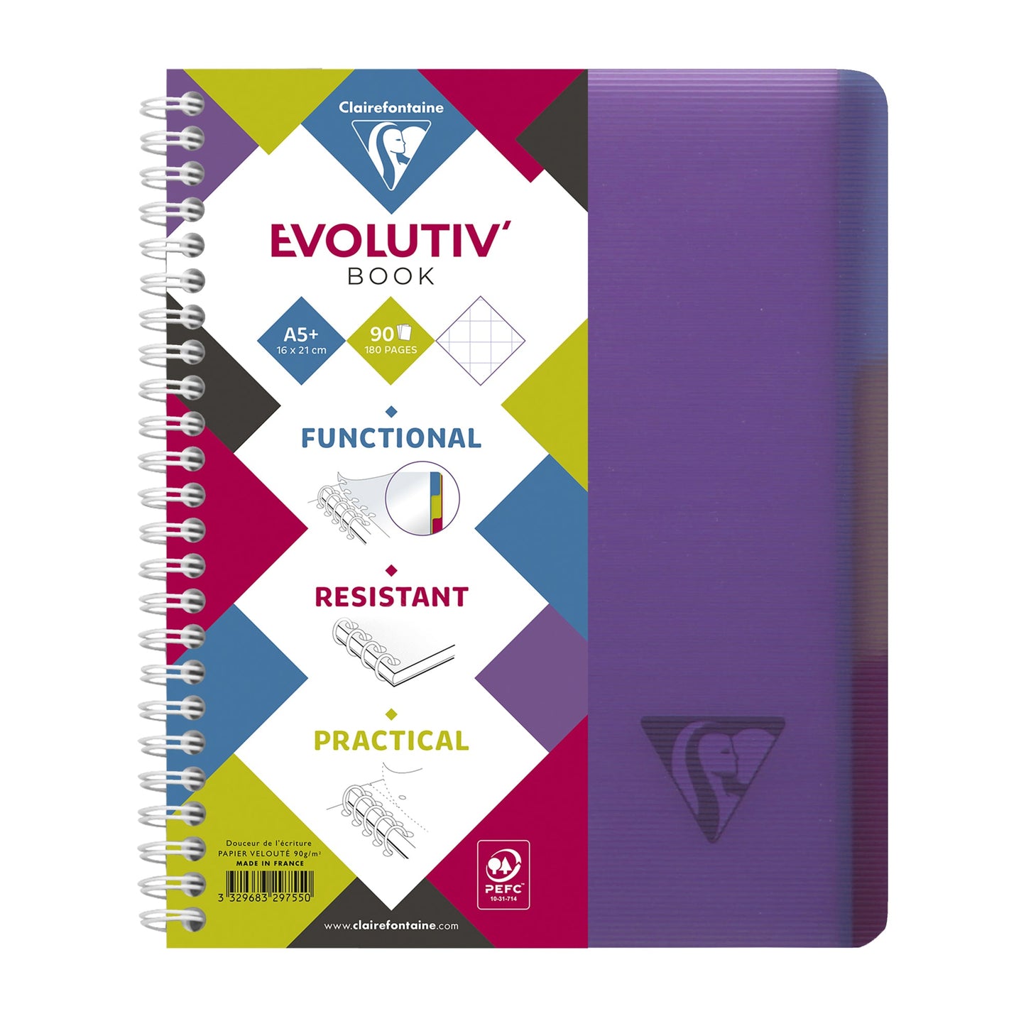 Clairefontaine Collegeblock Evolutiv'Book DIN A5+ kariert 90g/m² farbig sortiert (freie Farbauswahl nicht möglich) 90 Bl.