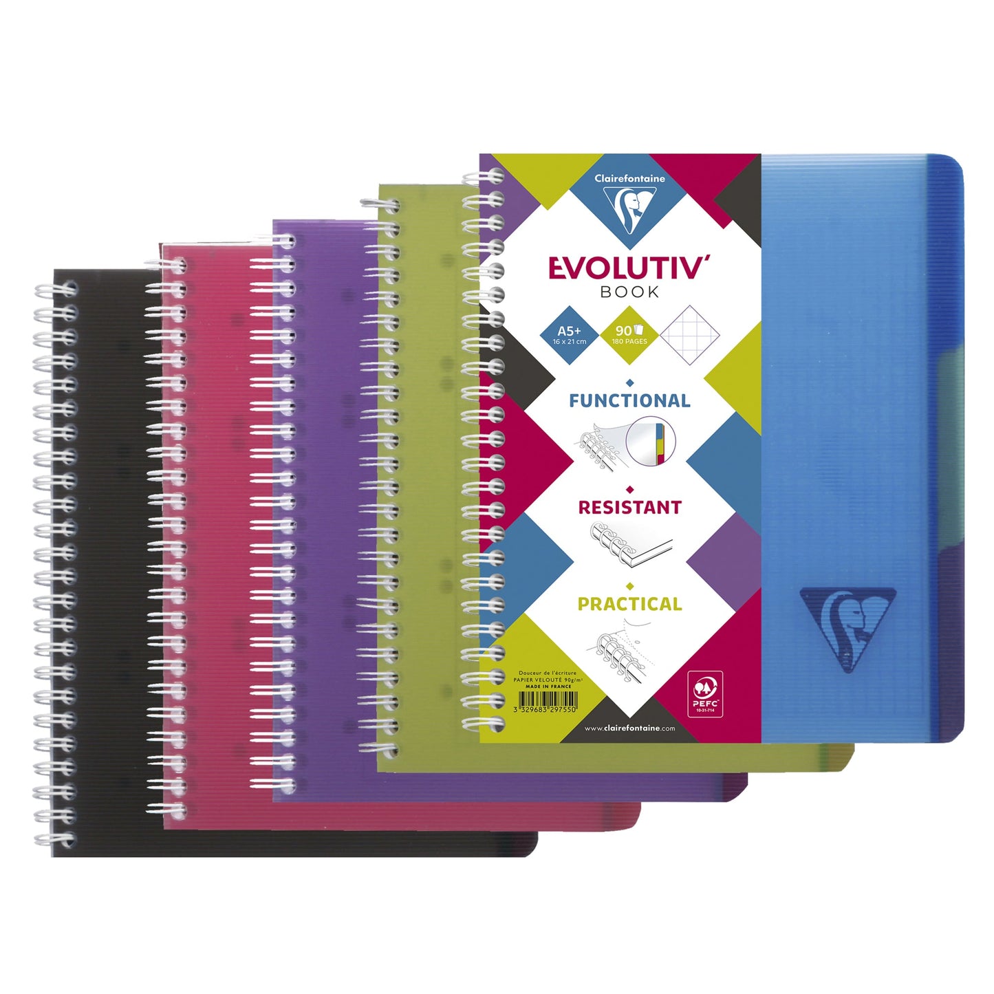 Clairefontaine Collegeblock Evolutiv'Book DIN A5+ kariert 90g/m² farbig sortiert (freie Farbauswahl nicht möglich) 90 Bl.