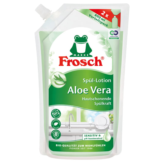 Frosch Geschirrspülmittel Aloe Vera biologisch abbaubar frei von Mikroplastik pH-Wert: 5,2 Kunststoff, 100 % recycelt recycelbar 0,8l