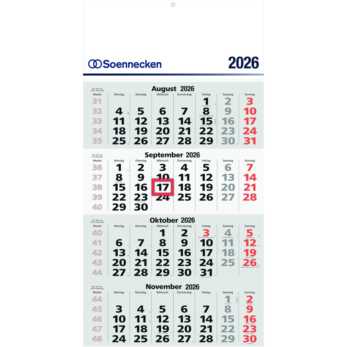 Soennecken Wandkalender 30 x 60 cm (B x H) 2026 schwarz/rot